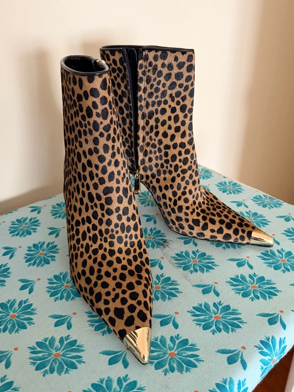 Michael Kors Leopard Print Ankle Boots with Gold Toe Cap